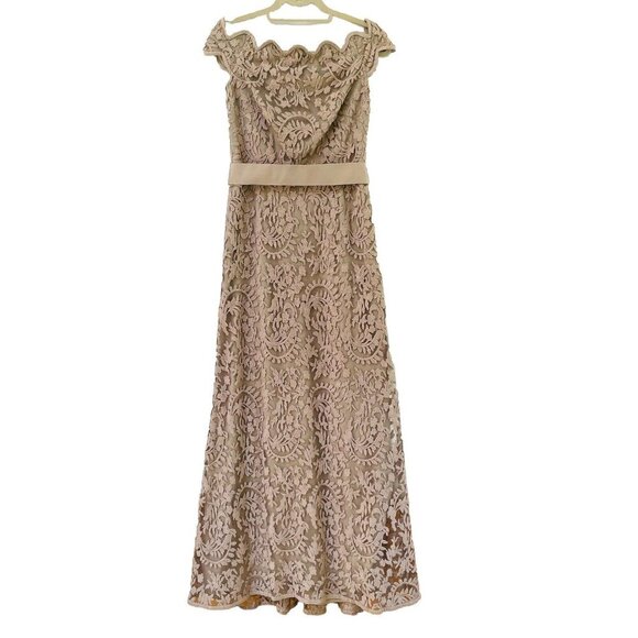 Tadashi Shoji Womens 6 Taupe Embroidered Lace Maxi Evening Dress Gown Party